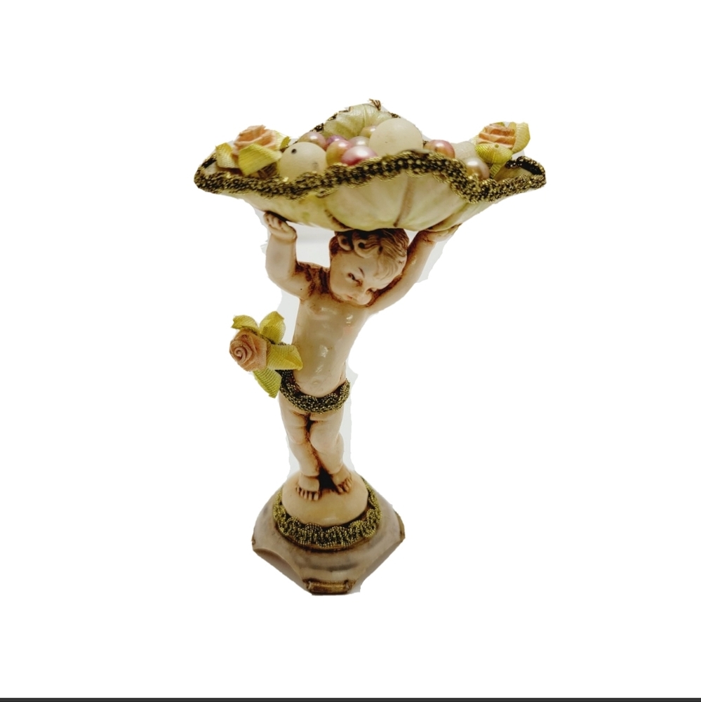 Vintage 86 Depose Cherub Holding A Leaf Dish Small With Pearl's Made in Italy.